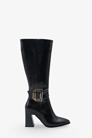  Kadın sivri Burun Yandan Fermuarlı Gold Kemer Tokalı Topuklu Çizme Slord Siyah