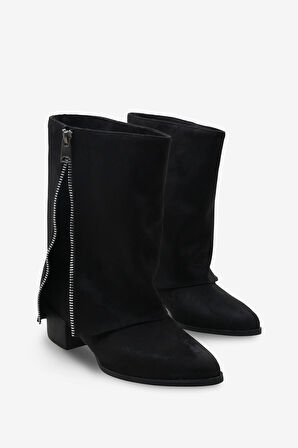 Kadın Yandan Fermuarlı Sivri Burun Günlük Bot Volara Siyah Süet