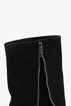 Kadın Yandan Fermuarlı Sivri Burun Günlük Bot Volara Siyah Süet