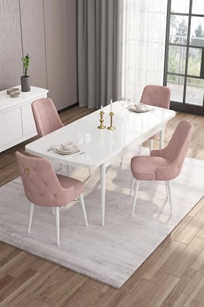 Are Serisi Mdf 80x132 Açılabilir Beyaz Masa Takımı Ve 4 Pembe Sandalye