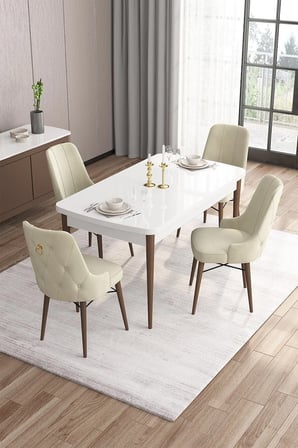 Are Serisi Mdf 80x132 Açılabilir Beyaz Masa Ceviz Ayak Masa Takımı Ve 4 Krem Sandalye