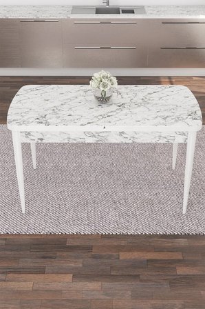 Are Serisi Mdf 80x132 Açılabilir Beyaz Mermer Desen Masa Takımı 4 Kahverengi Sandalye Ve 1 Bench