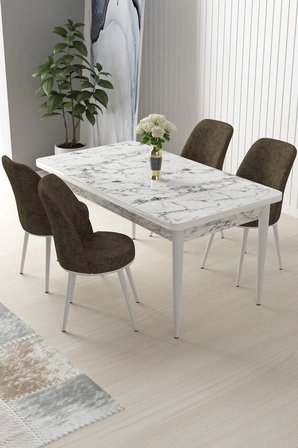 Arp Serisi 70x110 Sabit Mutfak Masası Takımı Beyaz Mermer Desen Masa 4 Kahverengi Sandalye