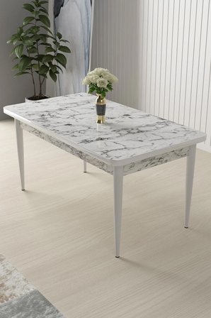 Arp Serisi 70x110 Sabit Mutfak Masası Takımı Beyaz Mermer Desen Masa 4 Kahverengi Sandalye