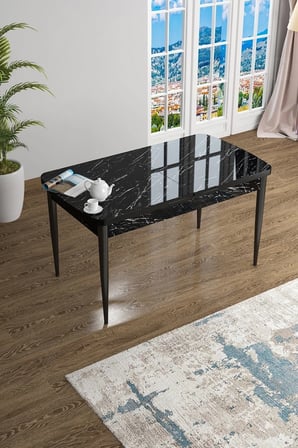 Han Serisi, Siyah Mermer Desen 70x114 Açılabilir Mdf Mutfak Masa Takımı, 4 Krem Sandalye