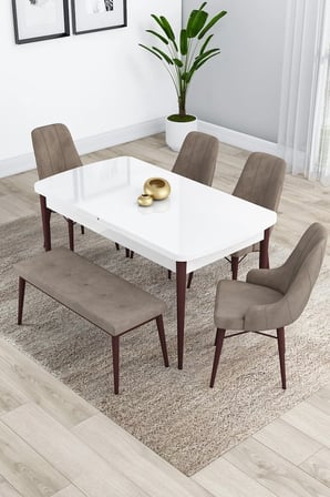 Kar Serisi, Beyaz Masa Ceviz Ayak Açılabilir 80x132mdf Masa Takımı, 4 Cappucino Sandalye 1 Bench