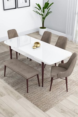 Kar Serisi, Beyaz Masa Ceviz Ayak Açılabilir 80x132mdf Masa Takımı, 4 Cappucino Sandalye 1 Bench