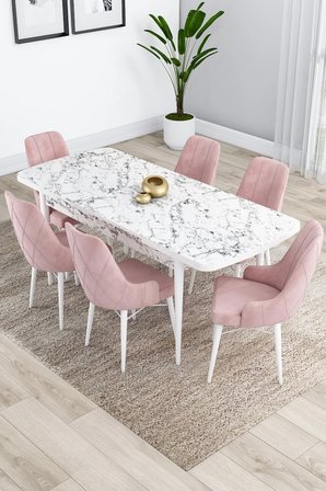 Kar Serisi, Beyaz Mermer Desen Masa Açılabilir 80x132 Mdf Mutfak Masa Takımı, 6 Pembe Sandalye
