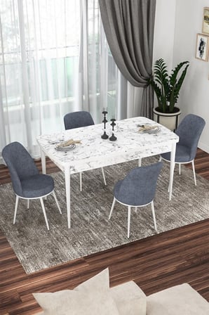 Kor Serisi 70x114 Açılabilir Mutfak Masası Takımı Beyaz Mermer Desen Masa 4 Füme Sandalye
