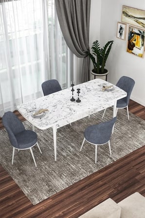 Kor Serisi 70x114 Açılabilir Mutfak Masası Takımı Beyaz Mermer Desen Masa 4 Füme Sandalye