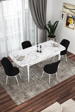 Kor Serisi 70x114 Açılabilir Mutfak Masası Takımı Beyaz Mermer Desen Masa 4 Siyah Sandalye