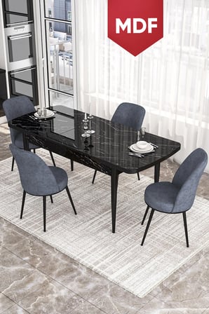 Kor Serisi 70x114 MDF Açılabilir Mutfak Masası Takımı Siyah Mermer Desen Masa 4 Füme Sandalye