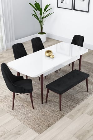 Kar Serisi, Beyaz Masa 80x132 Açılabilir Mdf Mutfak Masa Takımı,4 Kahve Sandalye