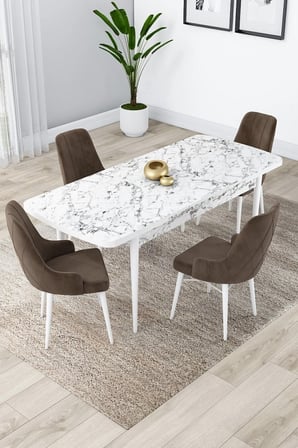 Lia Serisi 80x132 Açılabilir Mutfak Masası Takımı Beyaz Mermer Desen Masa 4 Kahverengi Sandalye