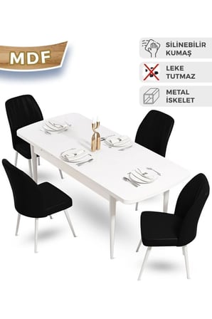 Mun Serisi 80x132 Açılabilir Mdf Beyaz Mutfak Masası Takımı Ve 4 Siyah Sandalye