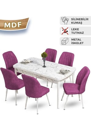 Mun Serisi 80x132 Açılabilir Mdf Beyaz Mermer Desen Masa Takımı Ve 6 Mor Sandalye