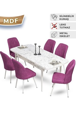 Mun Serisi 80x132 Açılabilir Mdf Beyaz Mermer Desen Masa Takımı Ve 6 Mor Sandalye