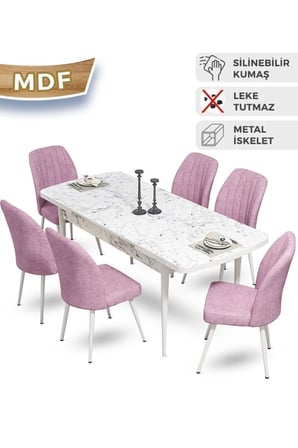 Mun Serisi 80x132 Açılabilir Mdf Beyaz Mermer Desen Masa Takımı Ve 6 Pembe Sandalye