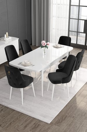 Noa Serisi 80x132 Açılabilir Mdf Beyaz Masa Takımı Ve Gold Halkalı 6 Siyah Sandalye