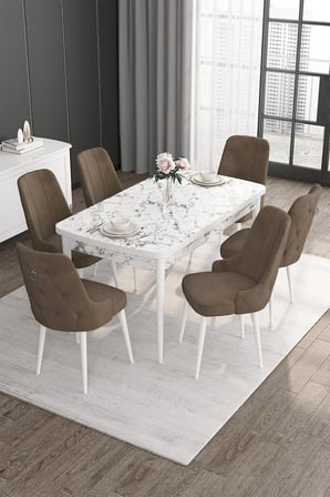 Noa Serisi 80x132 Açılabilir Mdf Beyaz Mermer Desen Masa Takımı Ve 6 Kahverengi Sandalye