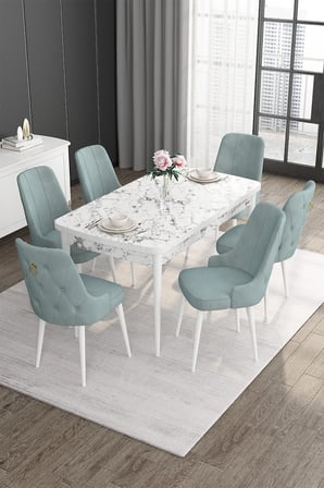 Noa Serisi 80x132 Açılabilir Mdf Beyaz Mermer Desen Masa Takımı Ve 6 Su Yeşili Sandalye