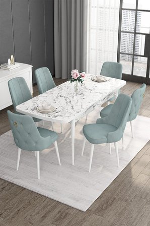 Noa Serisi 80x132 Açılabilir Mdf Beyaz Mermer Desen Masa Takımı Ve 6 Su Yeşili Sandalye
