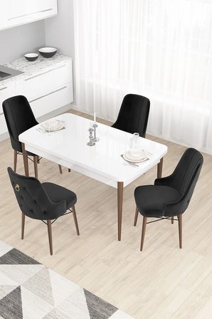 Taç Serisi, Beyaz Masa Ceviz Ayak 80x132 Masa Takımı Açılabilir, 4 Siyah Sandalye Gold Halkalı