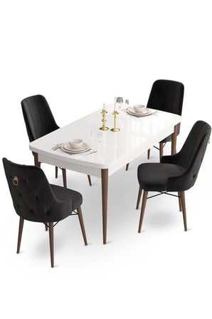 Taç Serisi, Beyaz Masa Ceviz Ayak 80x132 Masa Takımı Açılabilir, 4 Siyah Sandalye Gold Halkalı