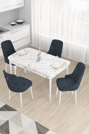 Taç Serisi Açılabilir Mutfak Masası Takımı 80x132 Beyaz Mermer Desen Masa 4 Antrasit Sandalye