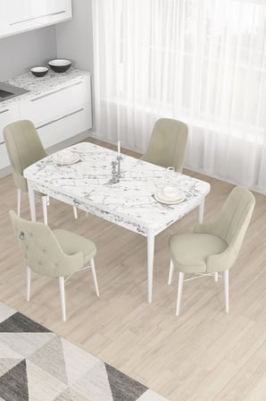 Taç Serisi Açılabilir Mutfak Masası Takımı 80x132 Beyaz Mermer Desen Masa 4 Krem Sandalye