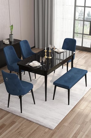 Taç Serisi Açılabilir Mutfak Masası Takımı 80x132 Siyah Mermer Masa 4 Lacivert Sandalye 1 Bench