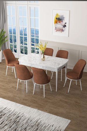 Zen Serisi 80x132 Mdf Açılabilir Beyaz Mermer Desen Masa Takımı Ve 6 Kiremit Sandalye
