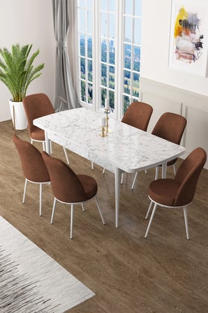 Zen Serisi 80x132 Mdf Açılabilir Beyaz Mermer Desen Masa Takımı Ve 6 Kiremit Sandalye