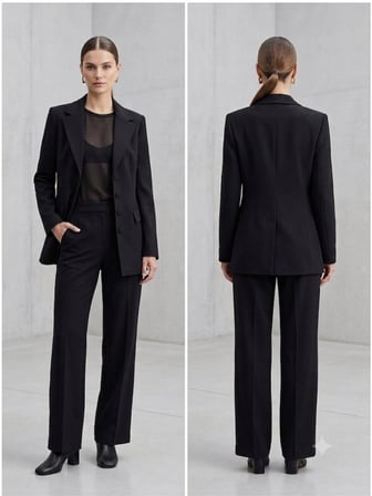 Siyah Klasik Yaka Düğme Detaylı Blazer Ceket Pantolon Kadın İkili Takım