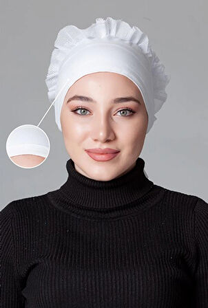 Beyaz Penye Fırfırlı Kaymayan Bone