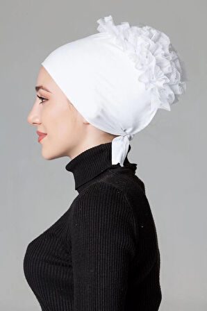 Beyaz Penye Fırfırlı Kaymayan Bone