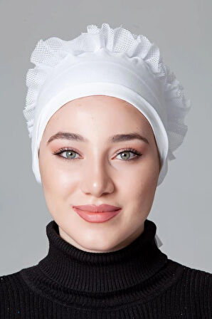 Beyaz Penye Fırfırlı Kaymayan Bone