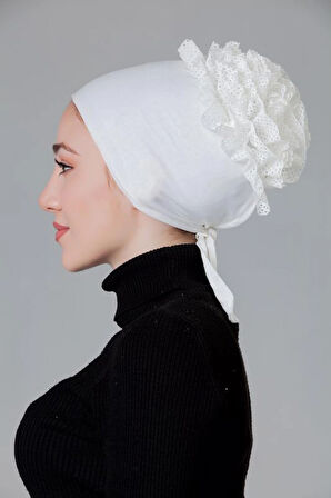 Krem ( Ekru - Kırık Beyaz ) Penye Fırfırlı Kaymayan Bone