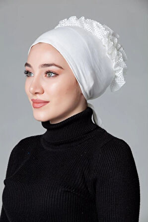 Krem ( Ekru - Kırık Beyaz ) Penye Fırfırlı Kaymayan Bone