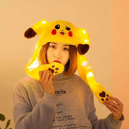 Işıklı Tavşan Kulaklı Şapka Pikachu Bere