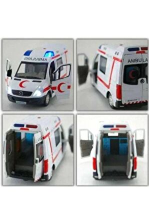 2 ADET Diecast Metal İTFAİYE VE AMBULANS Mercedes Sprinter Çek Bırak Işıklı Siren Sesli 14 Cm kapıları açılır