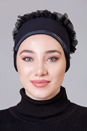 Siyah Penye Fırfırlı Kaymayan Bone