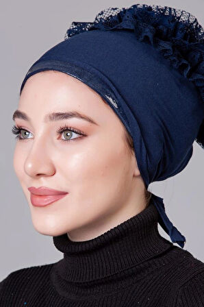 Lacivert Penye Fırfırlı Kaymayan Bone