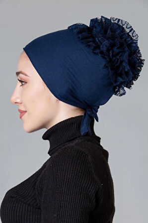 Lacivert Penye Fırfırlı Kaymayan Bone