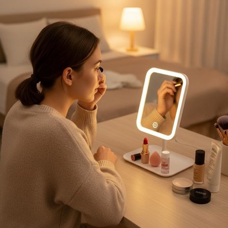 BY NEVSER® Dokunmatik LED Işıklı Kare Makyaj Aynası – Altı Organizer Kaseli, Ayarlanabilir Aydınlatmalı Masaüstü Makyaj ve Cilt Bakım Aynası