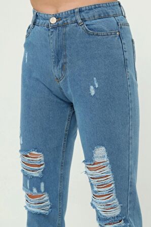 Kadın Bacak Lazer Yırtık Detaylı Mom Jeans Kot Pantolon