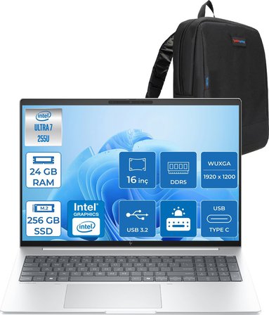 Hp Elitebook 8 G1I Intel® Core Ultra 7 255U 24GB Ddr5 256GB SSD 16" Wuxga (1920X1200) IPS 300NIT Freedos Taşınabilir Bilgisayar C9FG8ETF01+ZETTAÇANTA