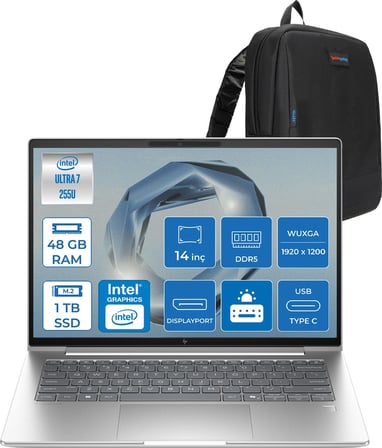 Hp Elitebook 6 G1I Intel® Core Ultra 7 255U 48GB Ddr5 1tb SSD 14" Wuxga (1920 x 1200), IPS 400 Nits  Freedos Taşınabilir Bilgisayar C9XW2ETF13+ZETTAÇANTA