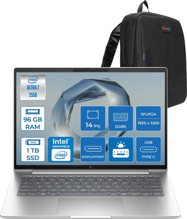 Hp Elitebook 6 G1I Intel® Core Ultra 7 255U 96GB Ddr5 1tb SSD 14" Wuxga (1920 x 1200), IPS 400 Nits  Freedos Taşınabilir Bilgisayar C9XW2ETF28+ZETTAÇANTA