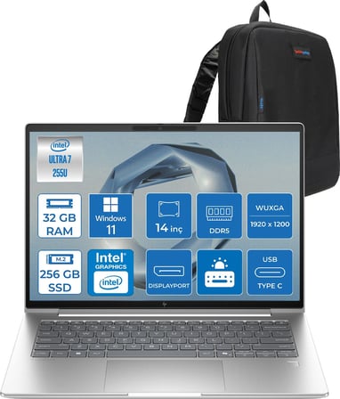 Hp Elitebook 6 G1I Intel® Core Ultra 7 255U 32GB Ddr5 256GB SSD 14" Wuxga (1920 x 1200), IPS 400 Nits  WIN11HOME Taşınabilir Bilgisayar C9XW2ETH06+ZETTAÇANTA